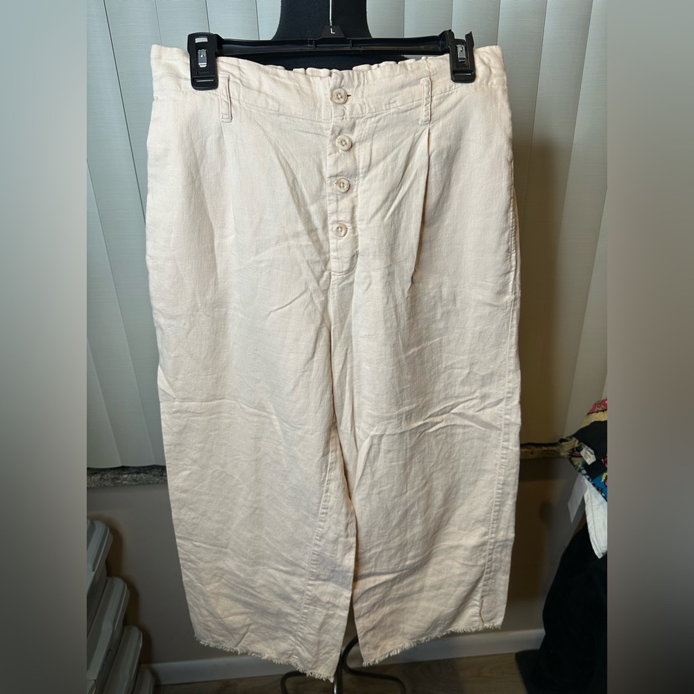 Side Stitch Beige Relaxed Fit High Rise Linen Blend Wide Leg Pants Size Small